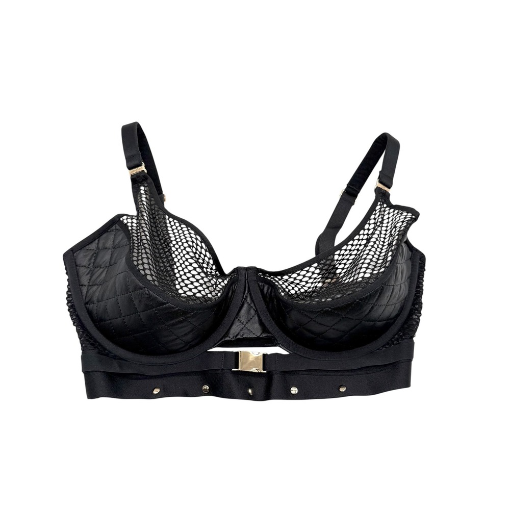 Honey‎ Birdette Black Quilted Faux Leather Fishnet Mesh Bra 32H Gold Buckle
